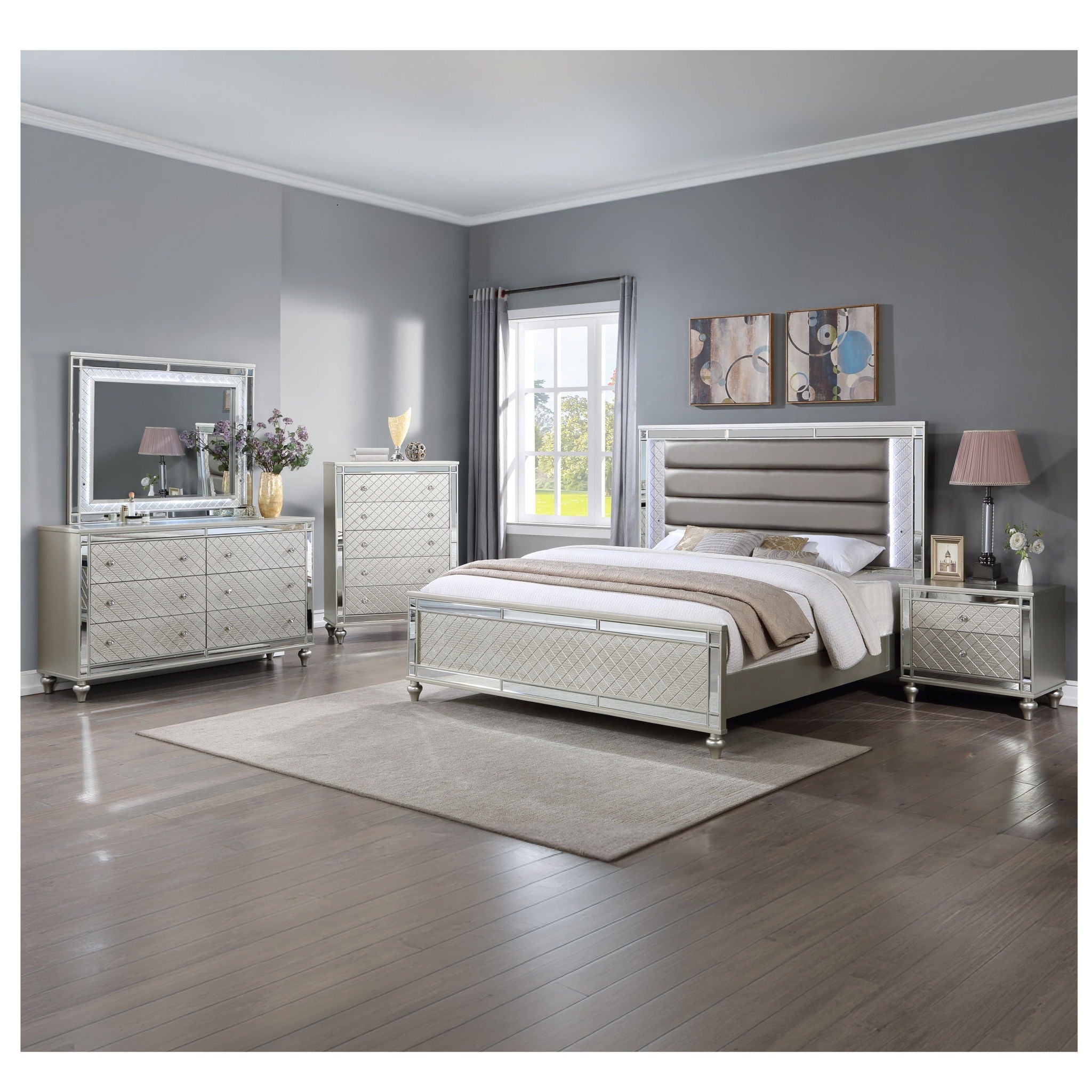 5 Drawer Bedroom Chest With Diamond Patterned Fronts - Silver