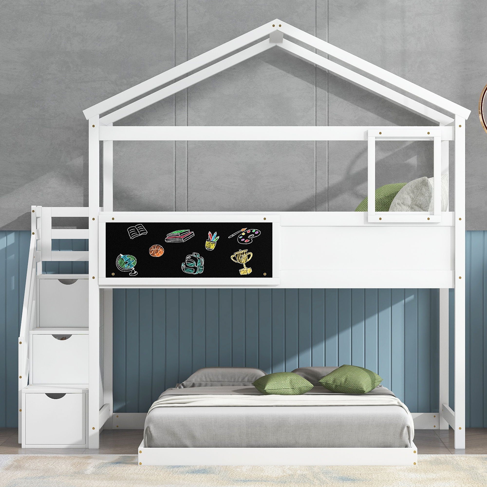 House Style Bunk Bed With Storage Staircase And board