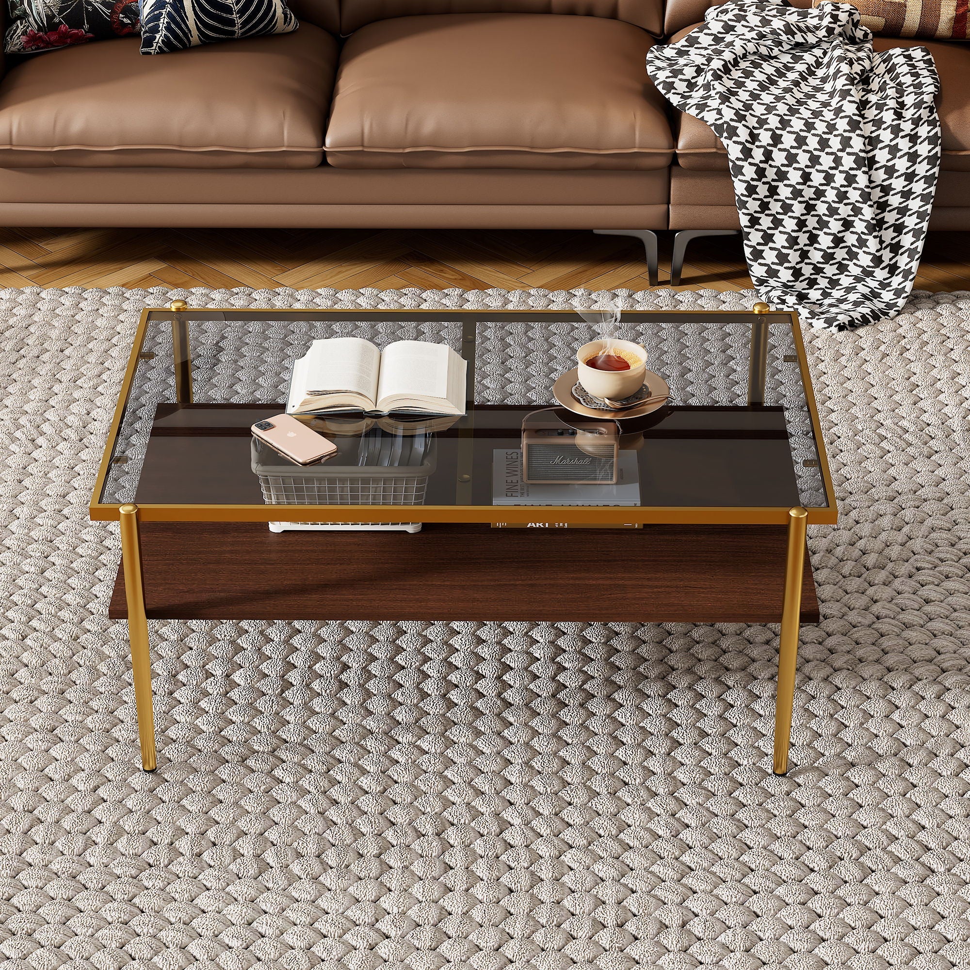 Rectangle Coffee Table With Tempered Glass Top And Legs, Modern Table For Living Room