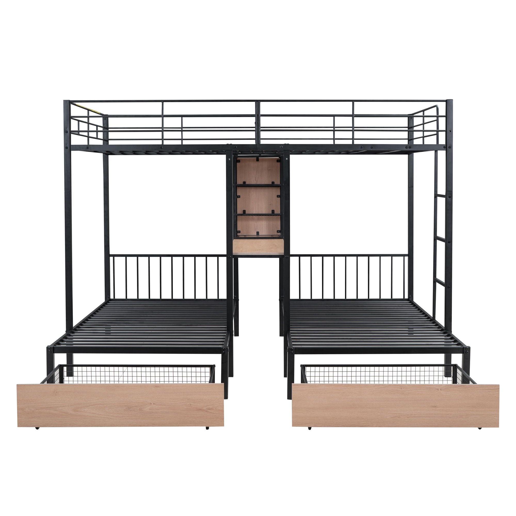 Triple Bunk Bed With Drawers, Multi-Functional Frame With Desks And Shelves In The Middle