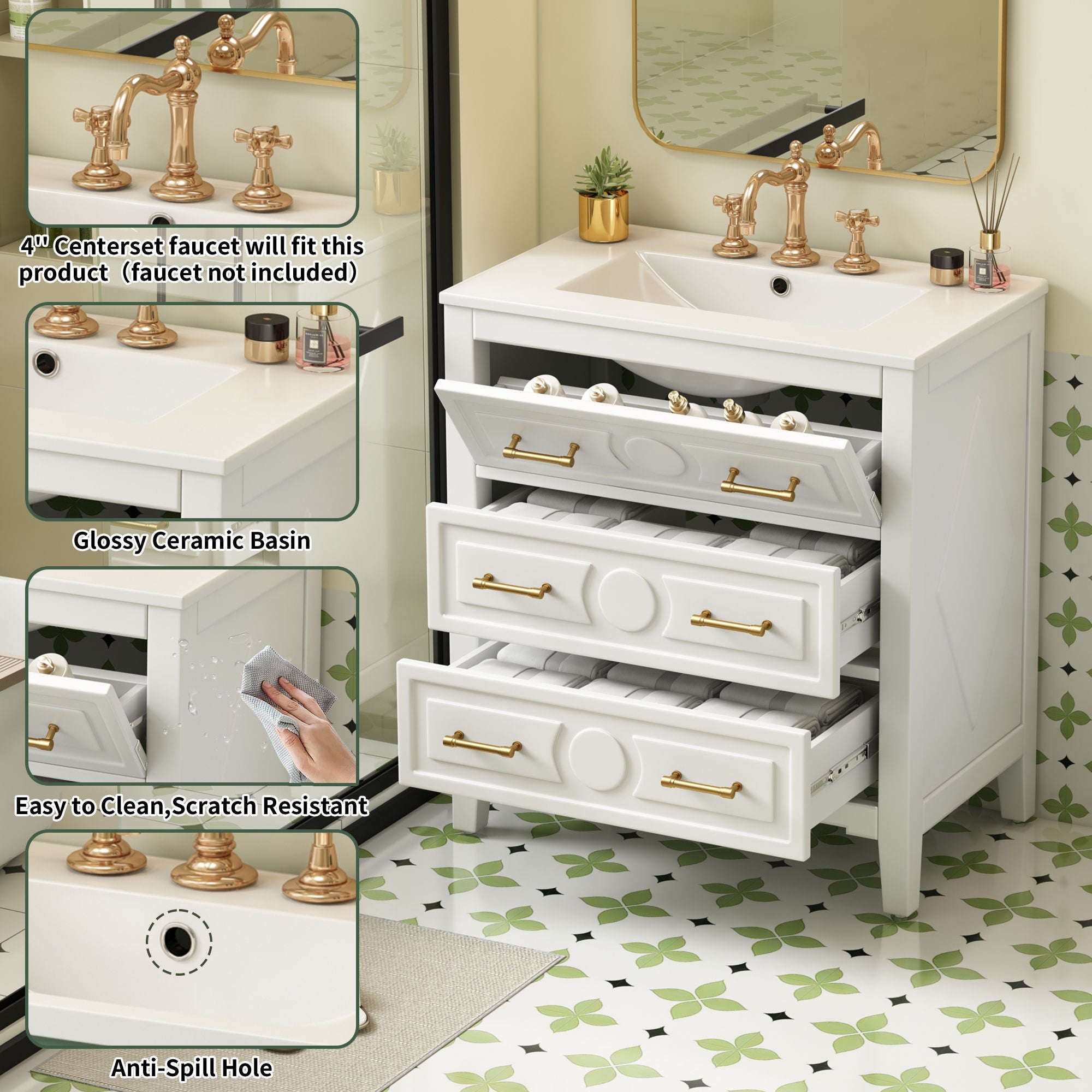 Retro Bathroom Vanity With Sink Combo, Free Standing Single Set With 3 Drawers