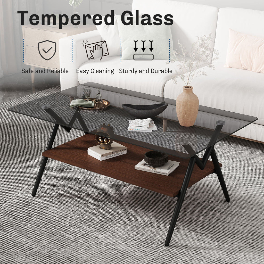 Rectangle Coffee Table With Tempered Glass Top And Shelf, Modern Table For Living Room