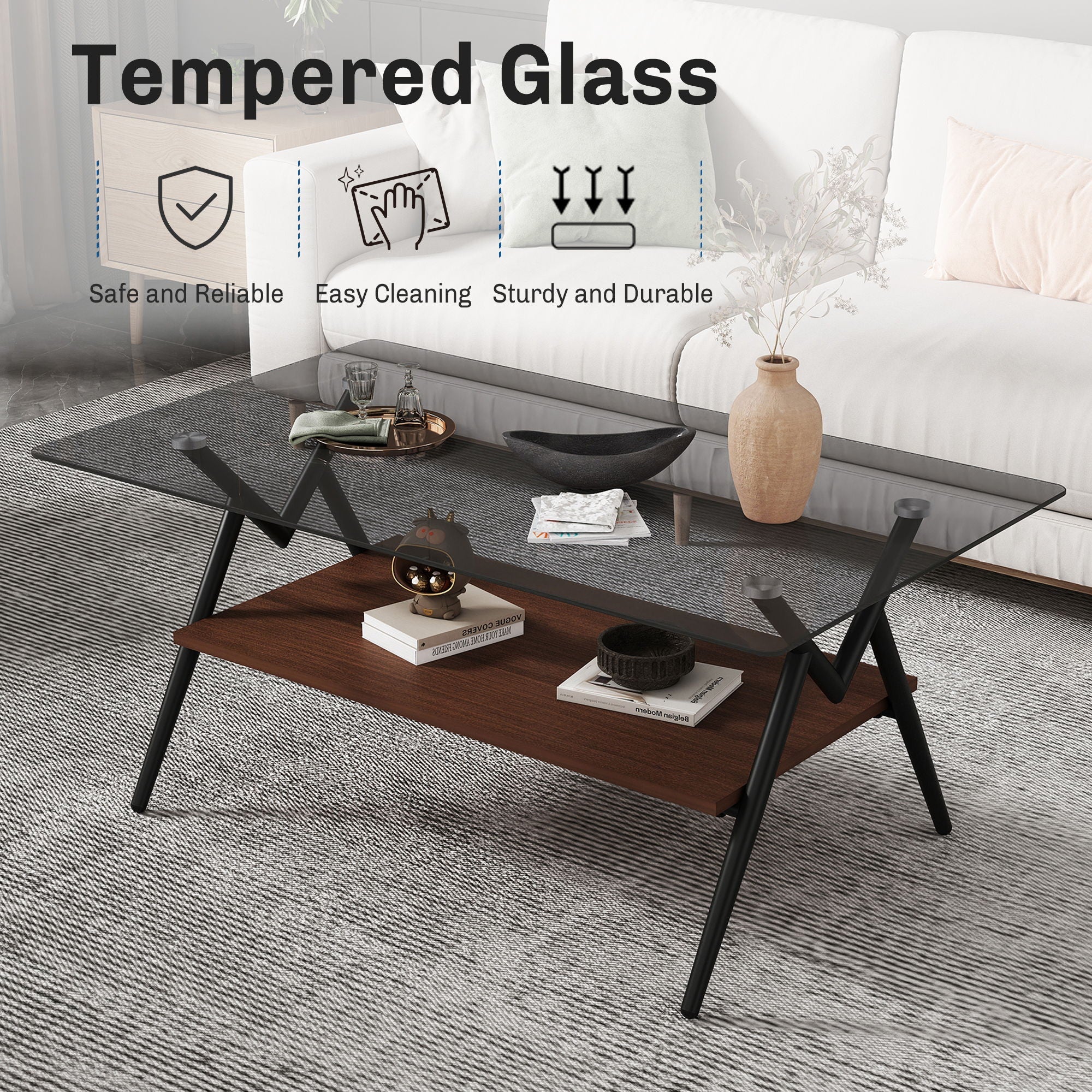 Rectangle Coffee Table With Tempered Glass Top And Shelf, Modern Table For Living Room