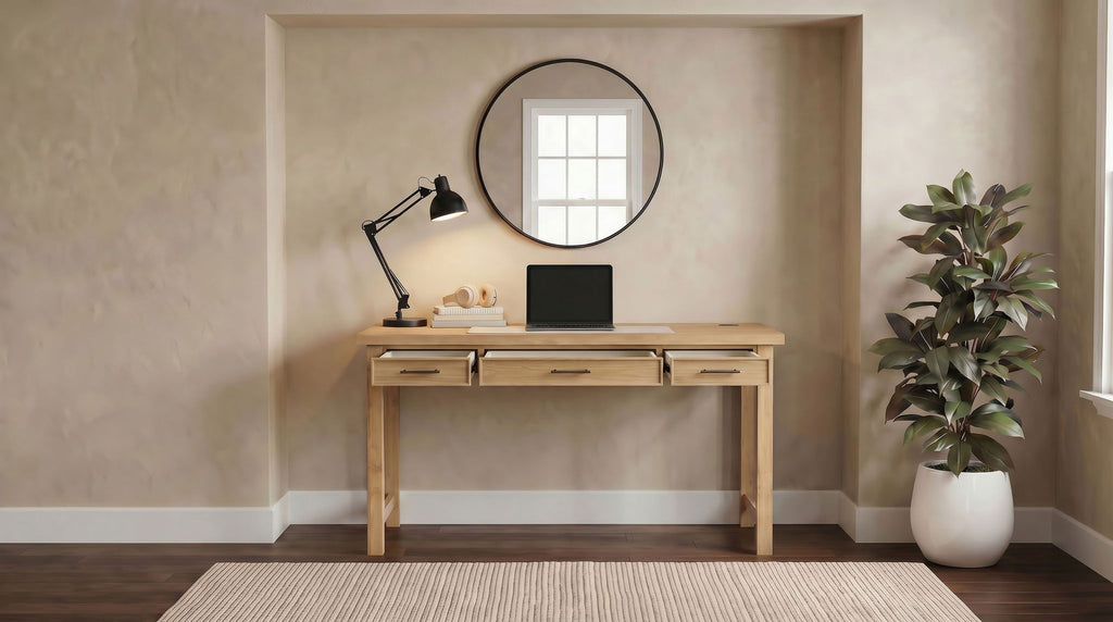 Vermes 55-inch 3-drawer Writing Desk with Power Outlet Light Ash