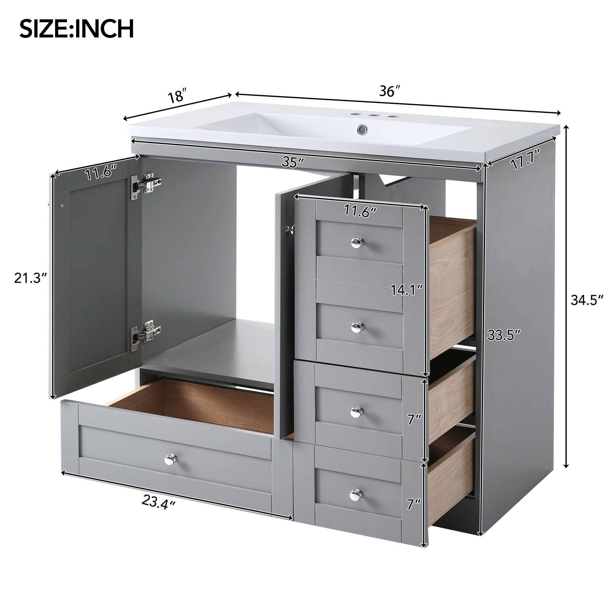Shaker Free Standing Bathroom Vanity Cabinet & Sink, Soft Close Drawers, Soft Close Doors