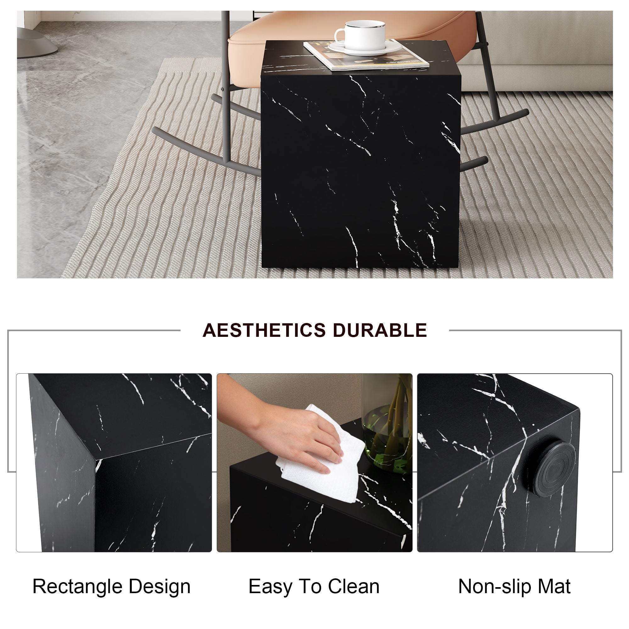 Luxurious Marble Texture Coffee Table Cube Design Elegant Living Room Accent - Black