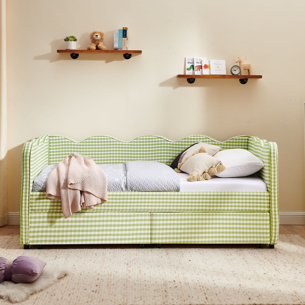 Gingham Daybed With USB Charging Port, Wave-Shaped Design