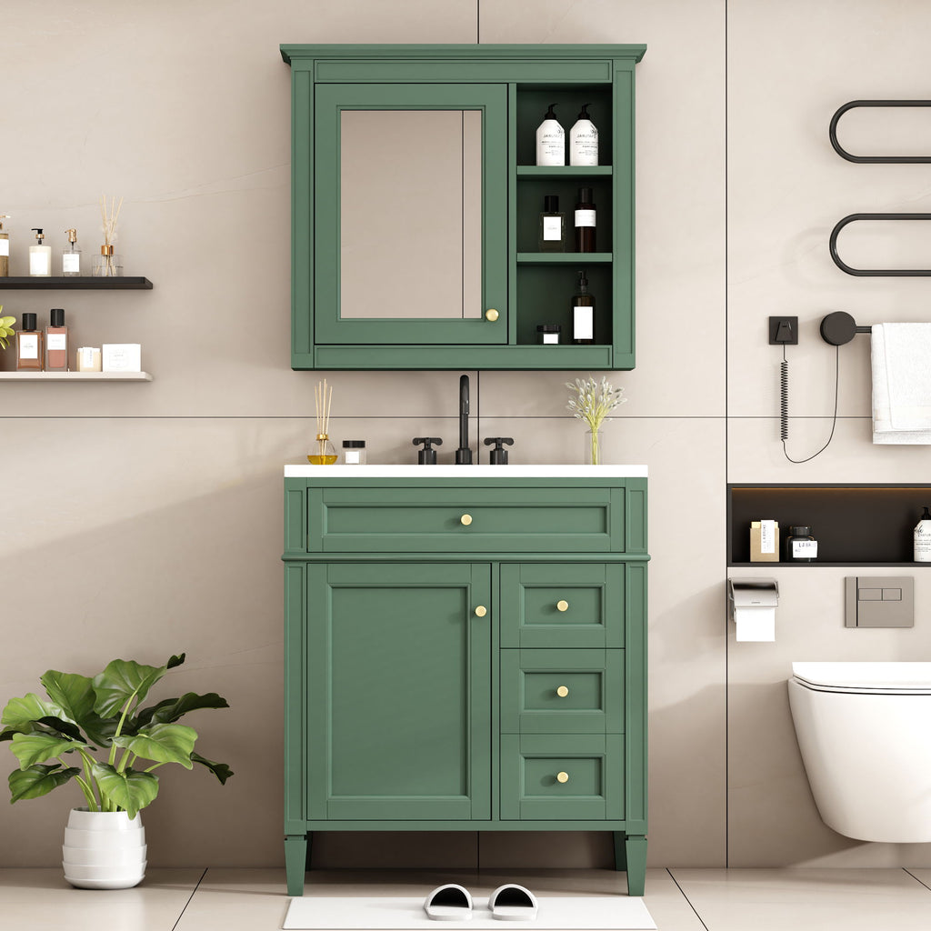 Bathroom Vanity With Top Sink, 2 Doors And 3 Drawers, Freestanding Set With Mirror Cabinet