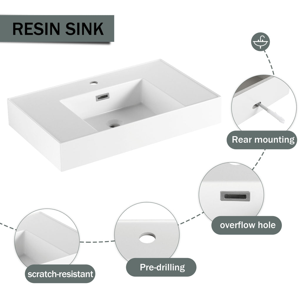 Contemporary Wall Mounted Bathroom Vanity With Resin Sink And 2 Side Cabinet - Imitative Oak