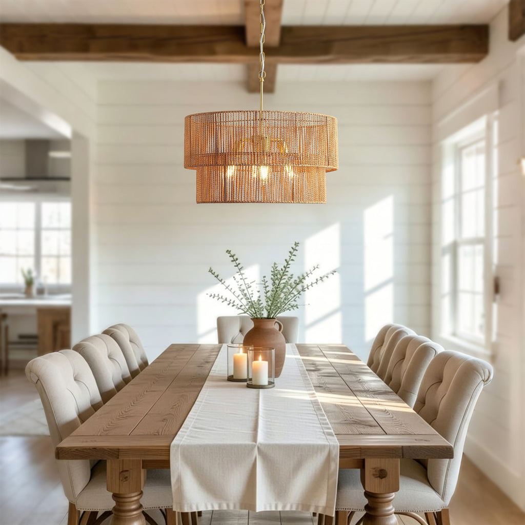 Chandelier, 2 Tier Boho Wabi Sabi Pendant Light, Hanging Ceiling Lamp - Gold