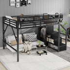 Queen Size Loft Bed With Stairs, Storage Shelves, Wardrobe - Black