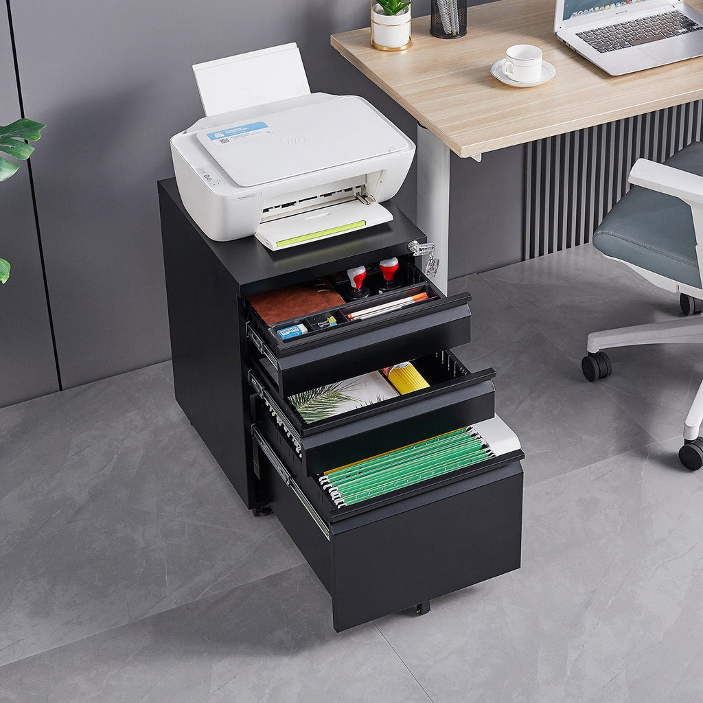 Contemporary 3 Drawer Mobile Filing Cabinet With Lock, Metal Office Storage For Legal / Letter Size
