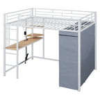 Loft Bed With Desk, Shelves, Power Outlet, LED Light And Wardrobe