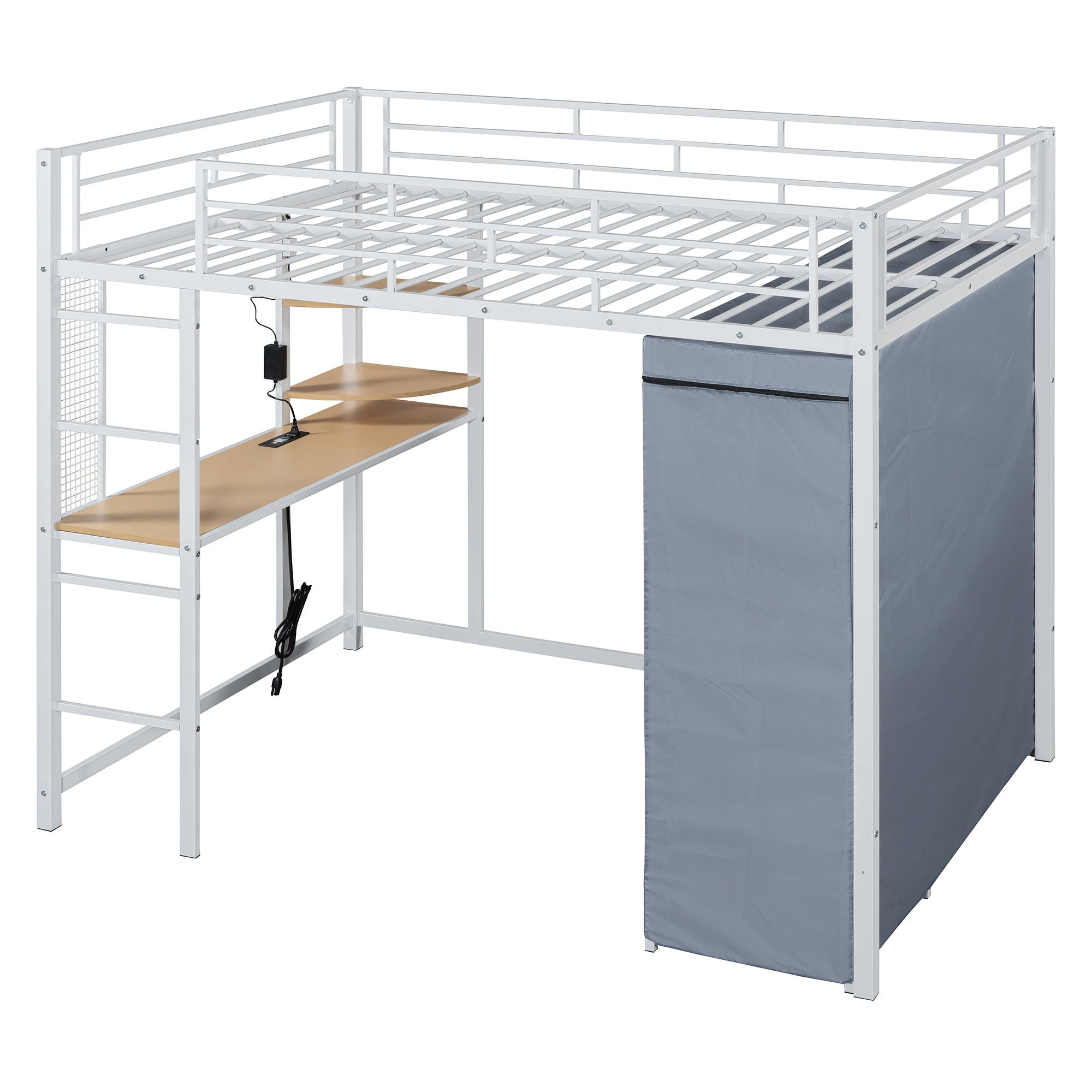 Loft Bed With Desk, Shelves, Power Outlet, LED Light And Wardrobe