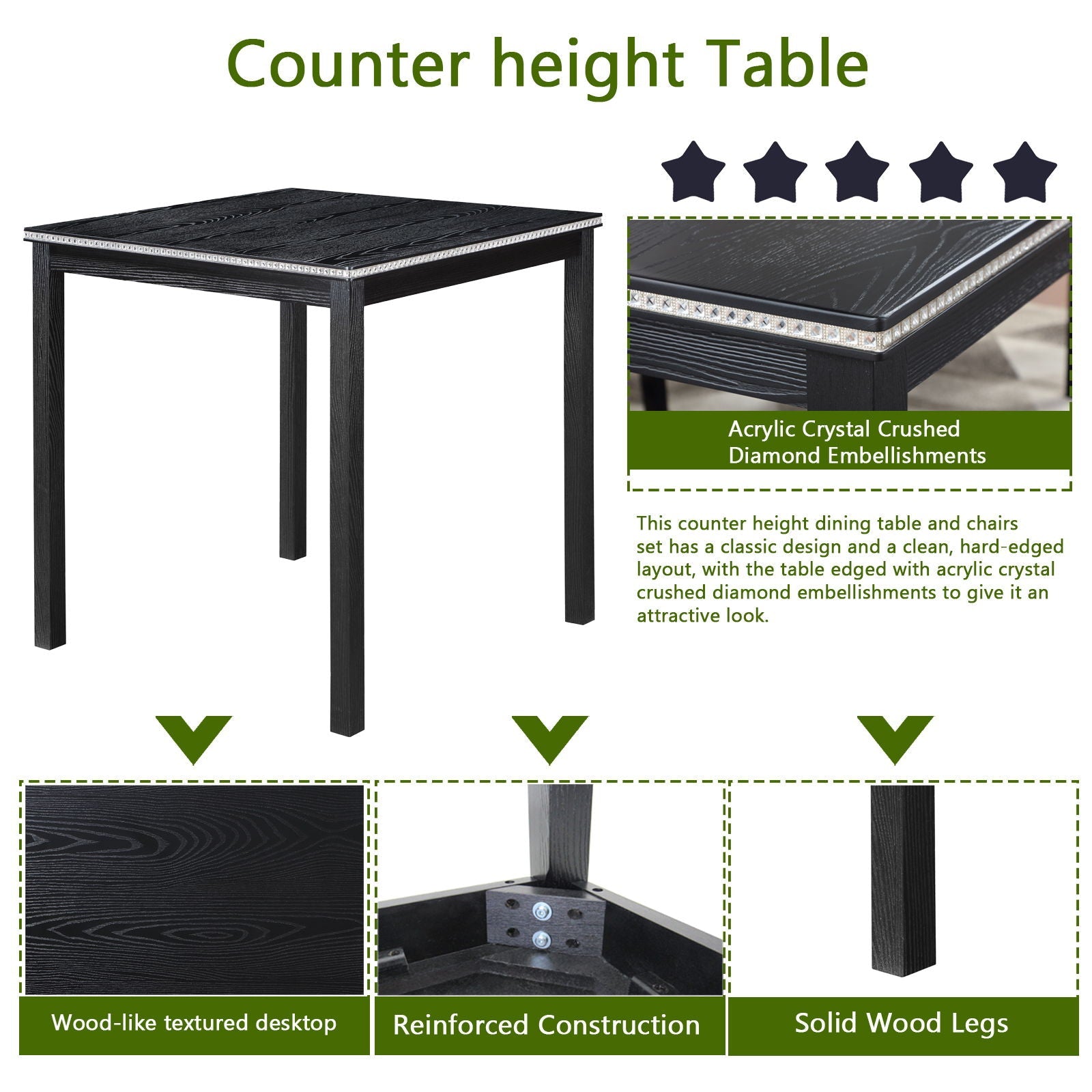 5 Pieces Counter Height Table Set, Kitchen Table With Square Table And 4 Upholstered Chairs