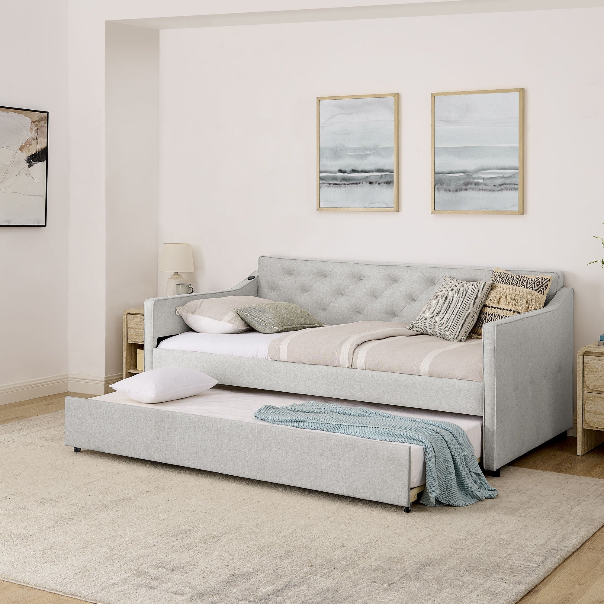 Daybed With Pop Up Trundle And USB Charging Armrest