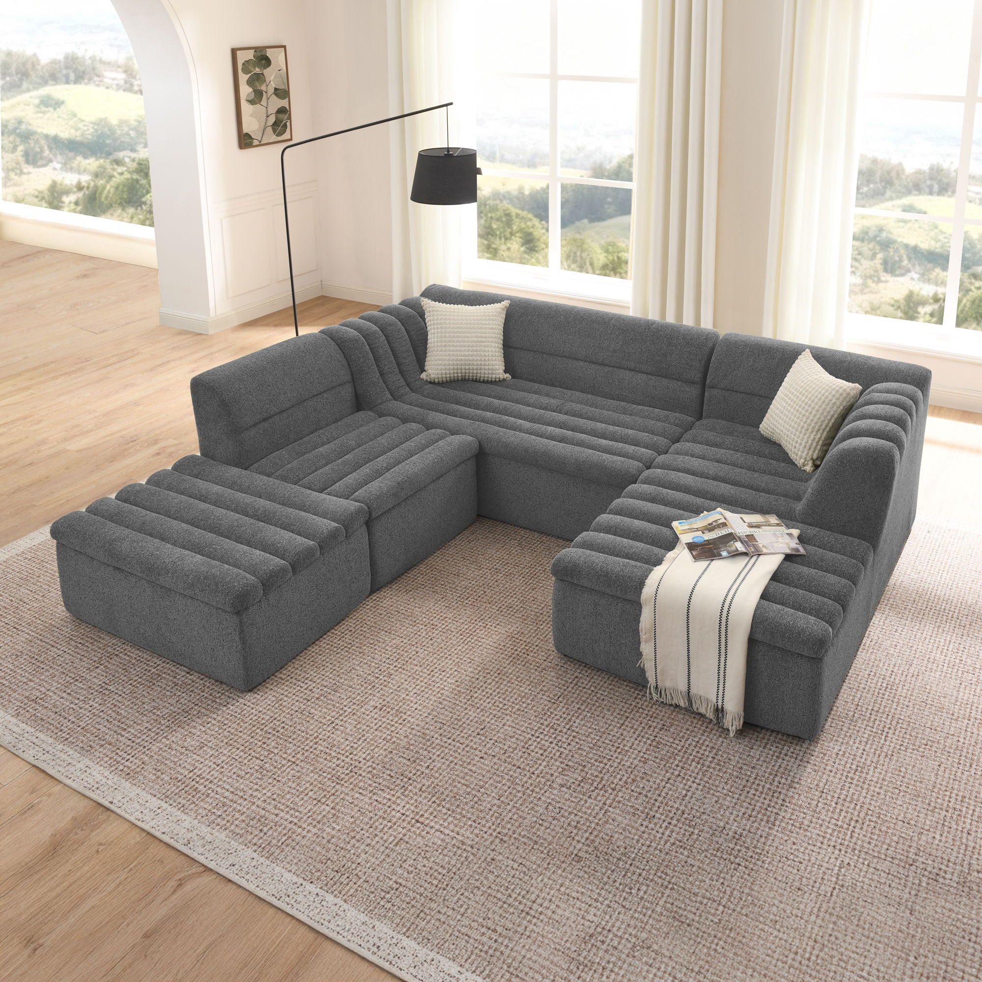 U-Shaped Modular Sectional Sofa With Chaise And Movable Ottoman With Wave-Shaped Armrest