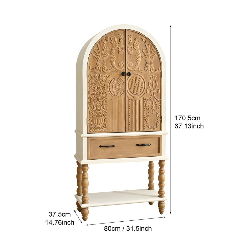 Arched Flower Carved Door Accent Sideboard Cabinet With 1 Drawer And Shelf, Cabinet For Kitchen - Natural / White