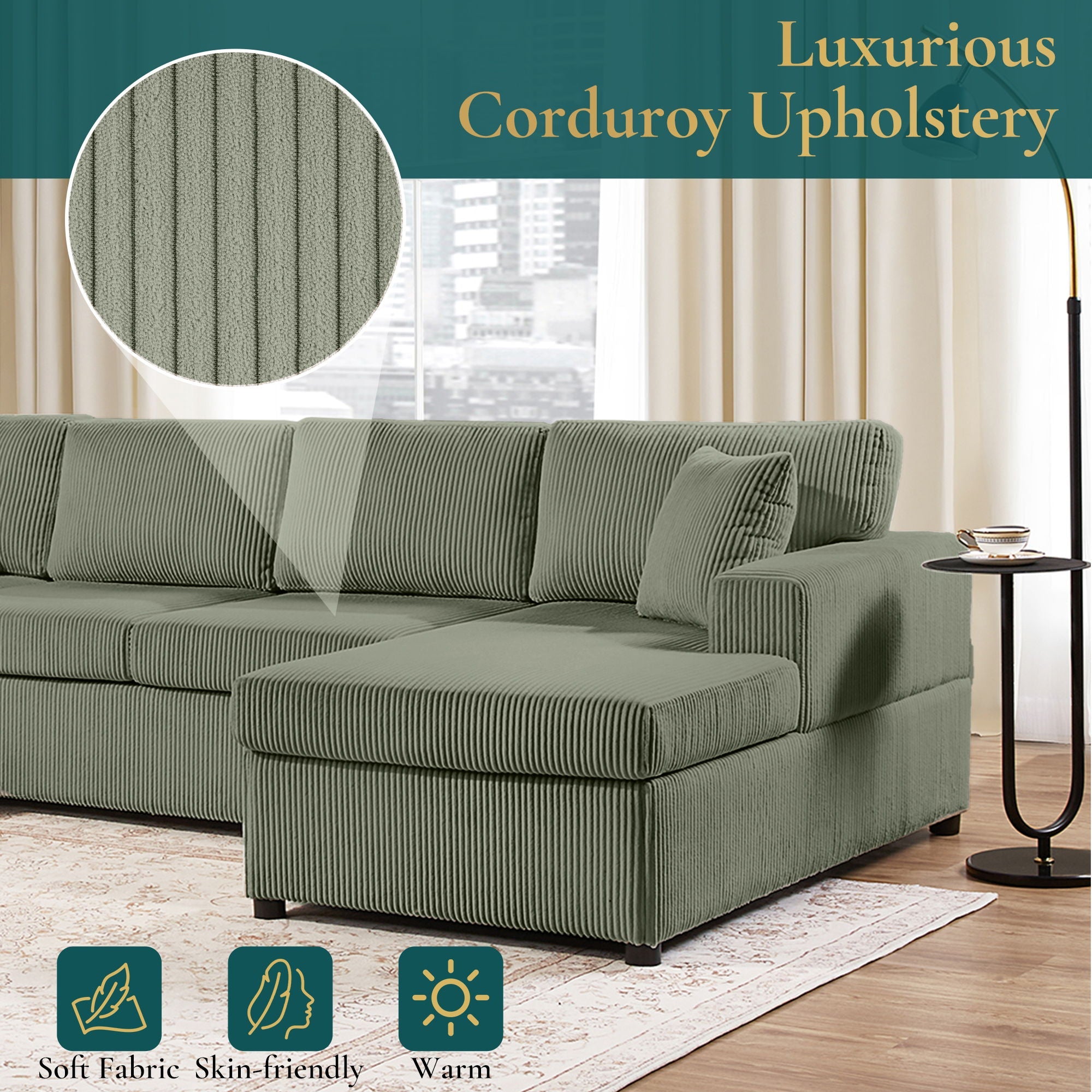 Oversized Sectional U-Shaped Sofa With Chaise Lounge And Three Soft Throw Pillows