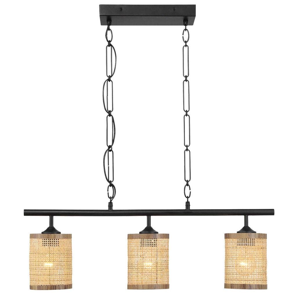 Elysian - 3 Lights Island With Natural Shade Farmhouse Chain Ceiling Lamp - Black / Rattan