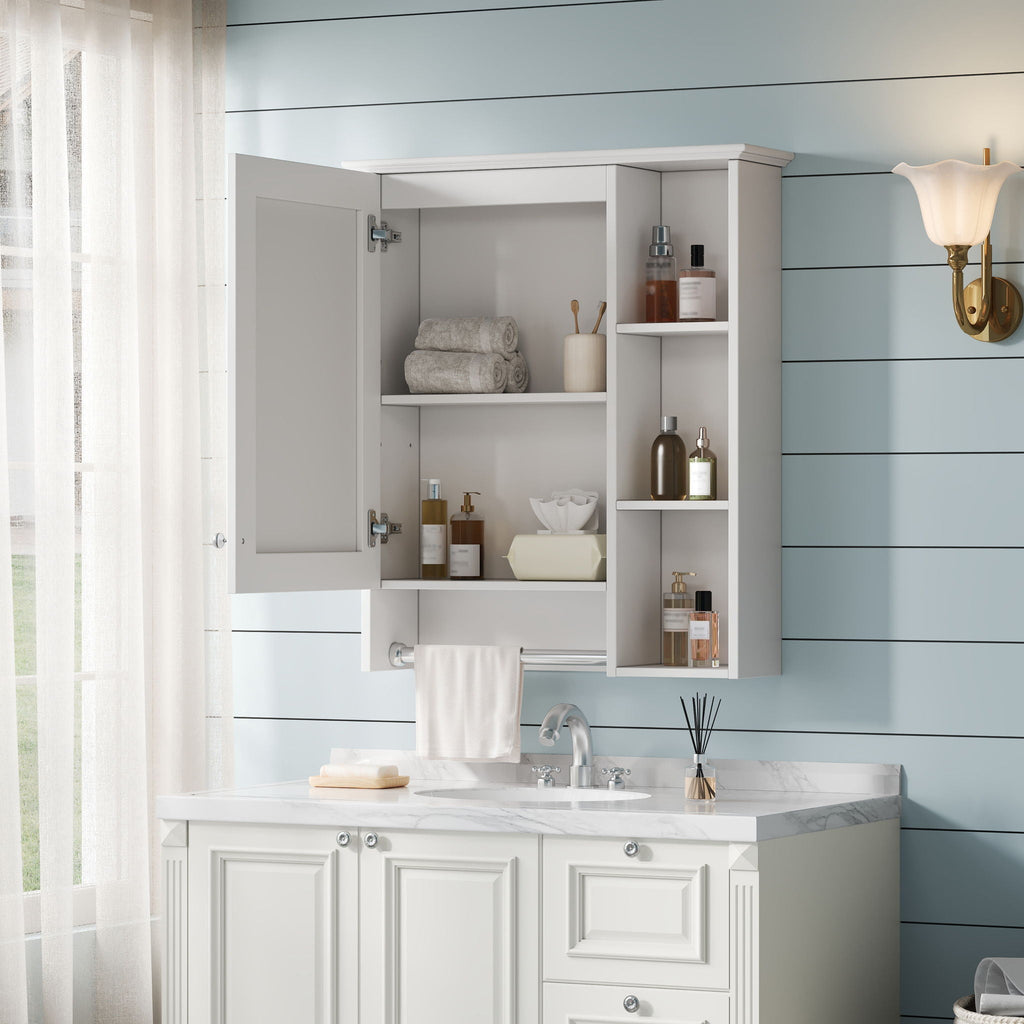 Modern 3 In 1 Bathroom Mirror Cabinet With Adjustable Shelf & Towel Bar