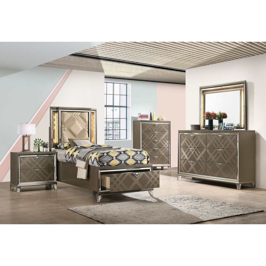 Skylar - Full Bed With LED & Storage - Dark Champagne