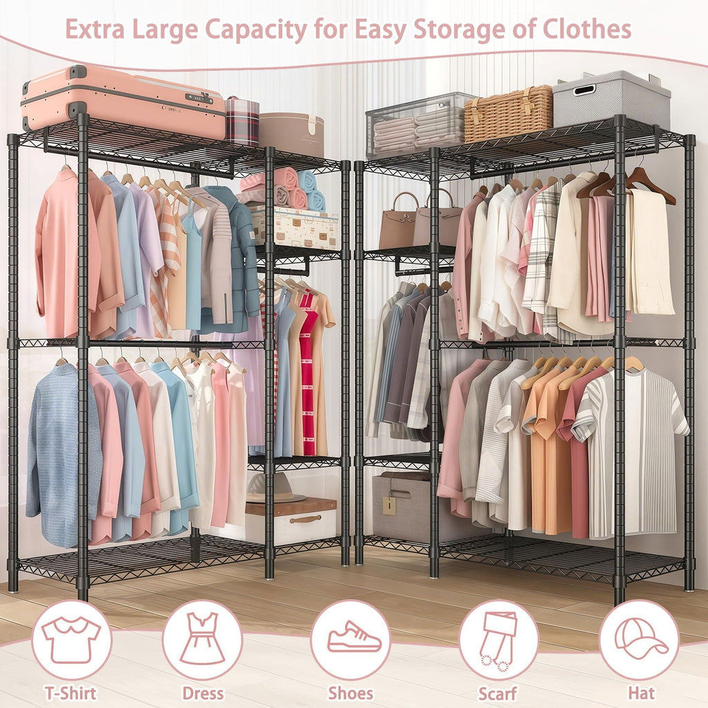 Freestanding Clothes Rack, With 6 Adjustable Wire Shelves And 3 Garment Rails - Black