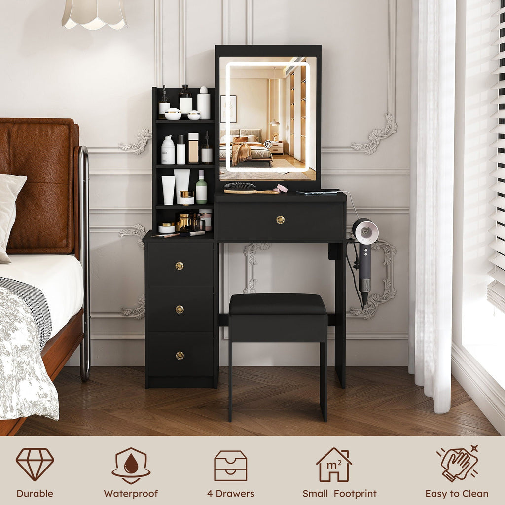 Vanity Desk With 3 LED Lighting Modes, 4 Drawers, Open Shelves, Hair Dryer Holder & Power Socket Dressing Table Set With Chair - Black