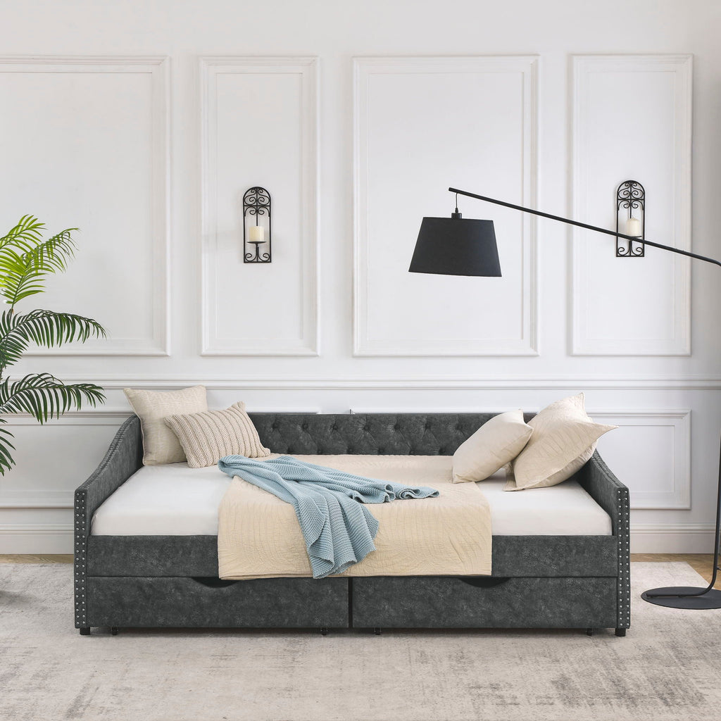 Upholstered Tufted Daybed With Drawers, Waved Arms