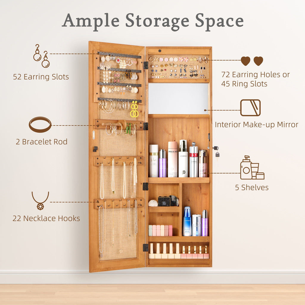 Jewelry Armoire Organizer With Full Length Mirror, Wall Mounted Lockable Cabinet With LED Light