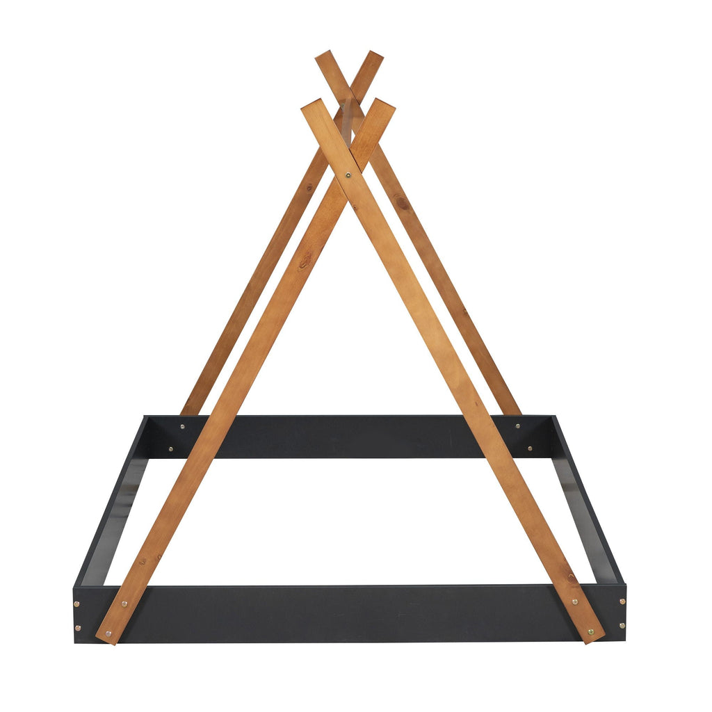 Full Size Tent Floor Bed With Triangle Structure, Low Profile Design - Black / Brown