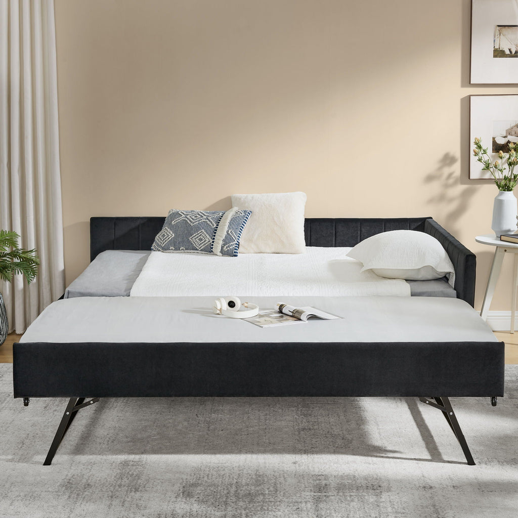 Full Size Upholstered Daybed With Trundle, Tufted Backrest And Armrests - Black