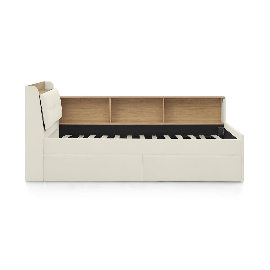 Upholstered Daybed With Storage Headboard, Wireless Charging, LED Lights