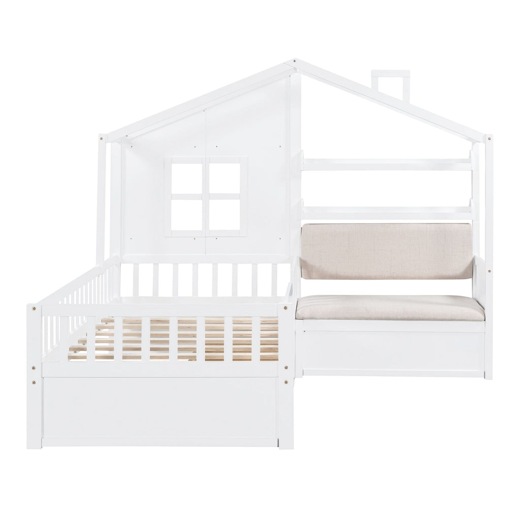 House Bed With Sofa, Kids Platform Bed With 2 Drawers And Storage Shelf