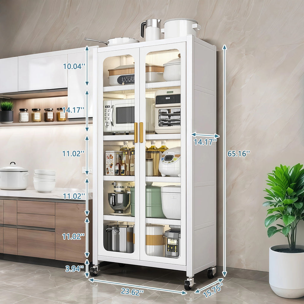 6 Tier Storage Cabinet With Transparent Door, Adjustable Shelves & Wheels