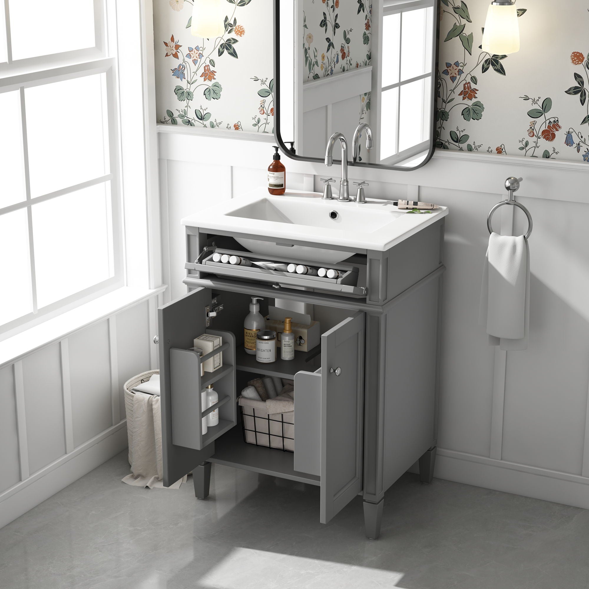 Bathroom Vanity With 2 Doors And Tip Out Drawer, Soft Closing Hinges
