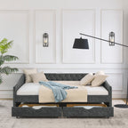 Upholstered Tufted Daybed With 2 Drawers, Waved Arms
