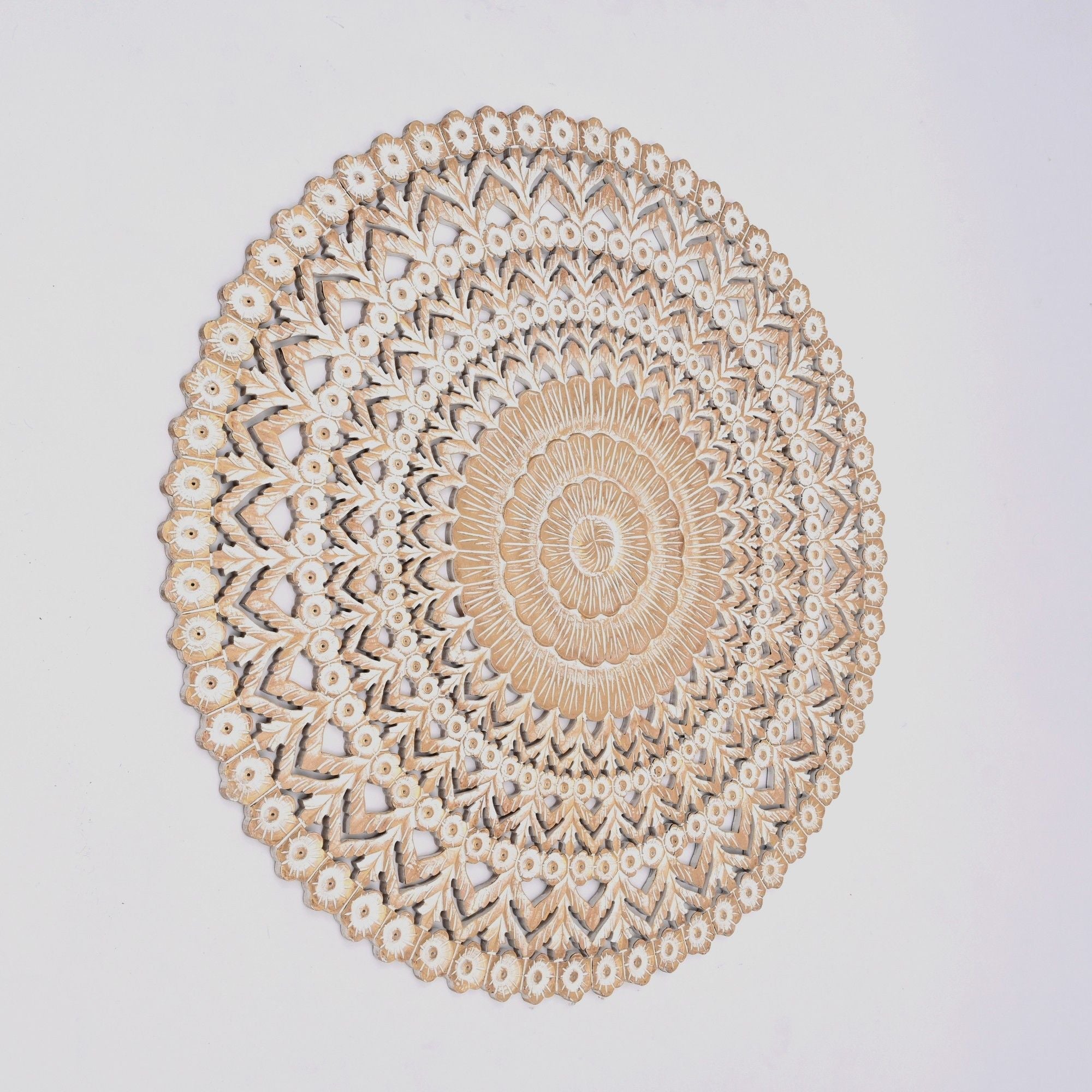 Floral Hand Carved Mandala Round Wall Decor - Brown / Antique White