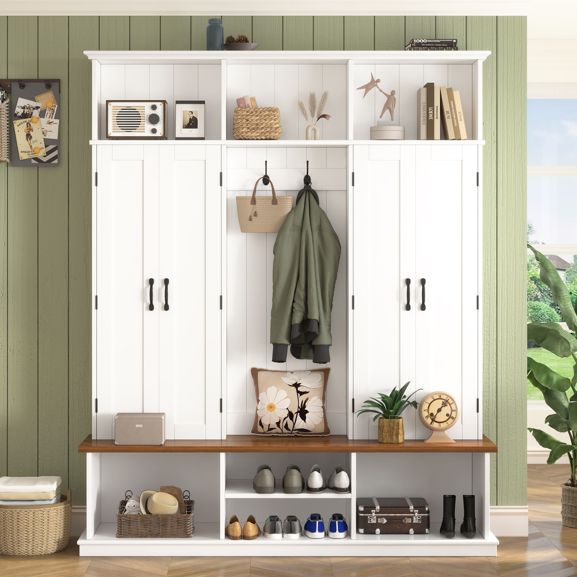 Entryway Hall Tree With Bench, 3 Top Cubbies & Bottom Storage Space