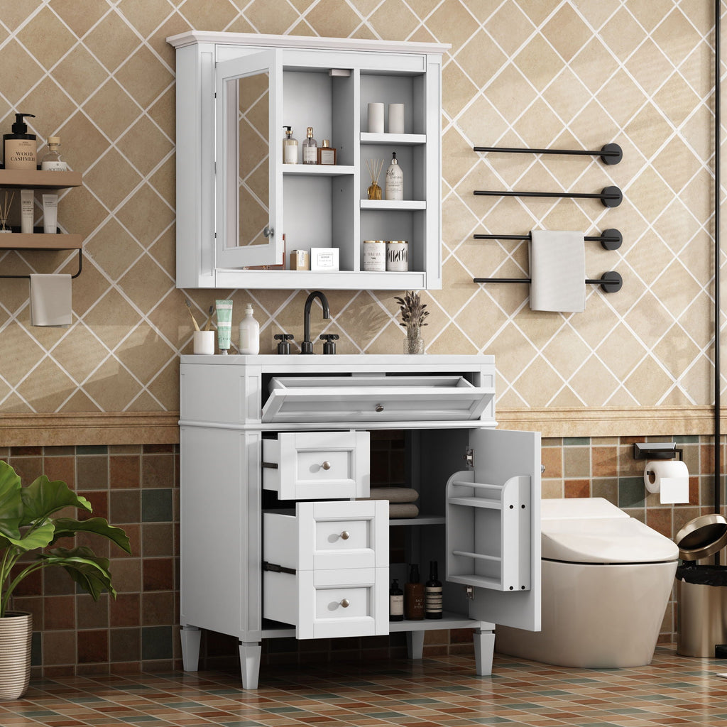 Bathroom Vanity With Medicine Cabinet, Royal Mirror Cabinet, Modern Bathroom Storage Cabinet With 2 Soft Closing Doors And 4 Drawers