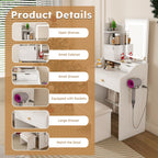 3 Color LED Vanity Mirror With Stool, Dressing Table For Bedroom, 2 Drawers & 5 Storage Cabinets (4 Open + 1 Hidden), Adjustable Lighting - White