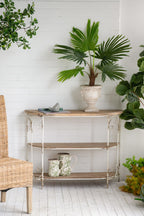 3 Tiered Wooden Shelving Unit With Ornate Iron Frame - Multicolor