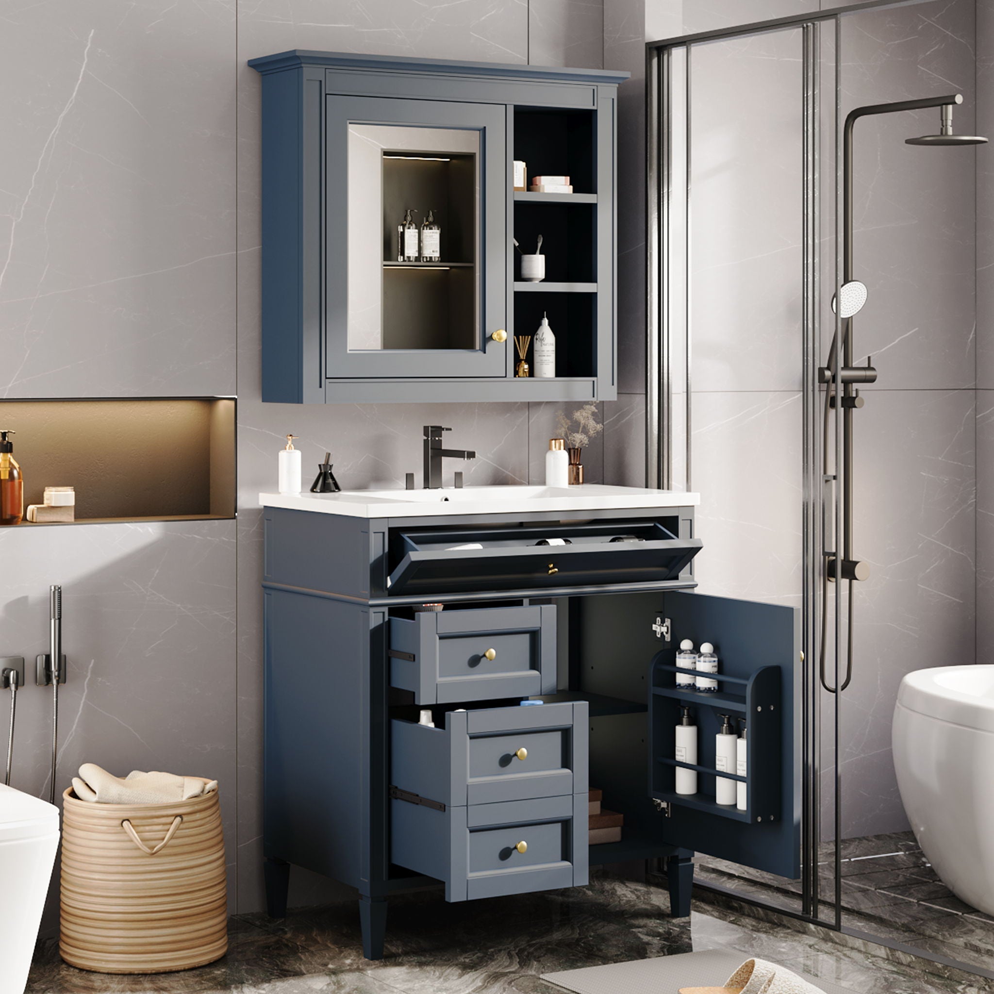 Bathroom Vanity With Medicine Cabinet, Royal Mirror Cabinet, Modern Bathroom Storage Cabinet With 2 Soft Closing Doors And 4 Drawers