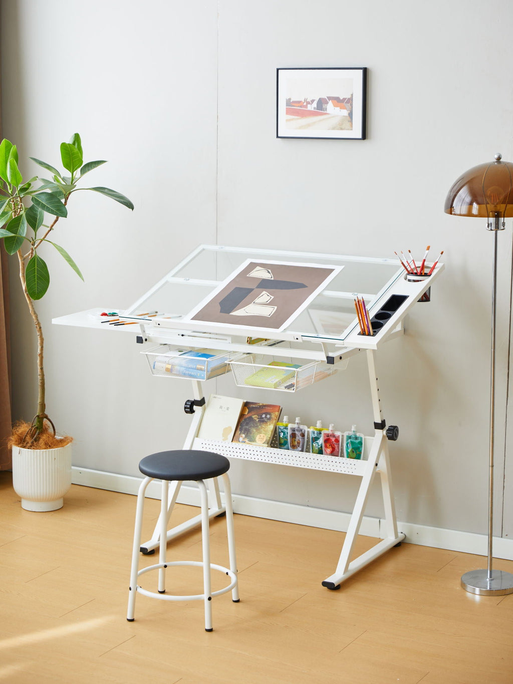 Adjustable Tempered Glass Drafting Printing Table With Chair