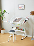 Adjustable Tempered Glass Drafting Printing Table With Chair