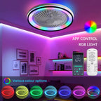 RGB Dimmable LED Enclosed Ceiling Fan With Light Flush Mount Bladeless, 6 Speed, Remote Control - White