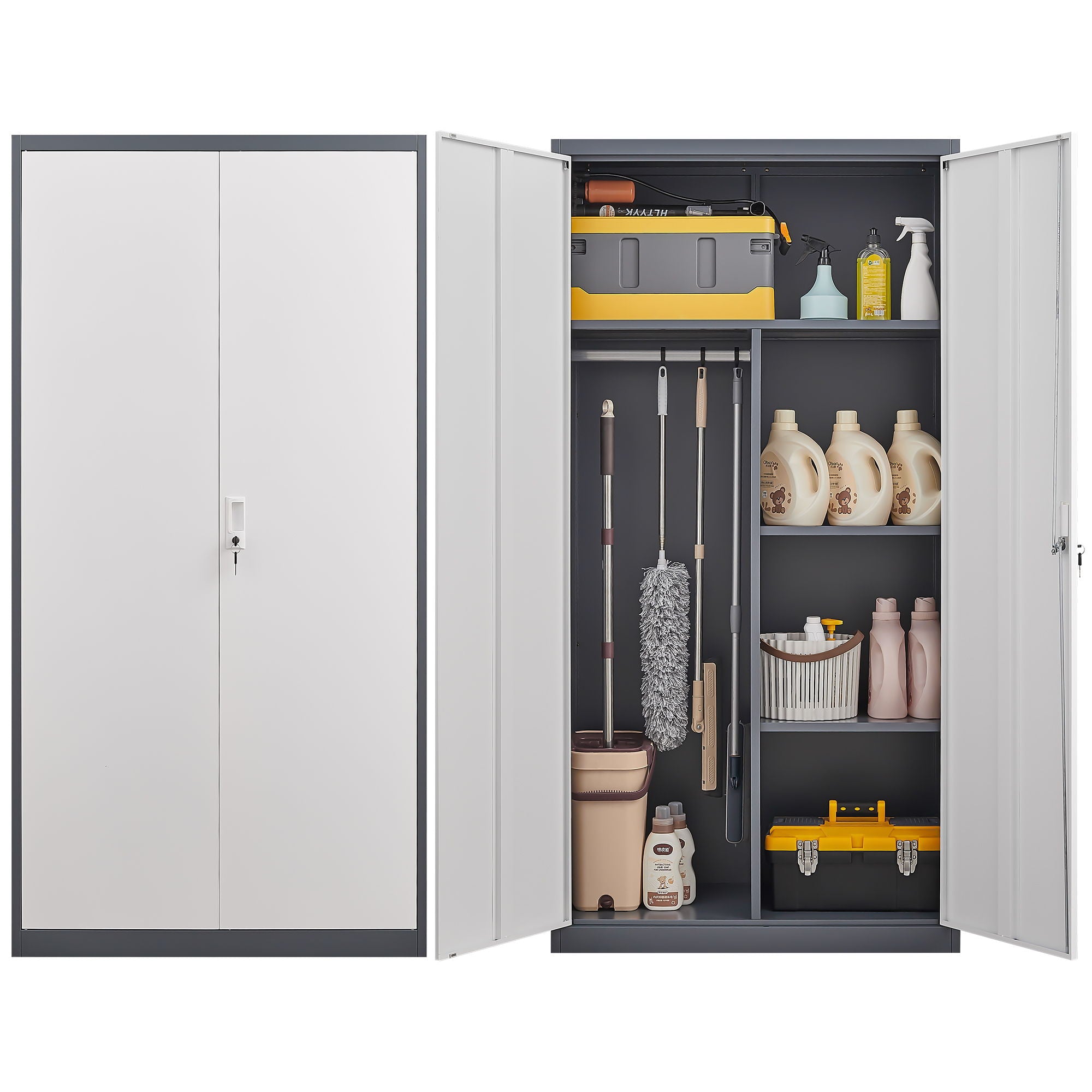 Wardrobe With Hanging Rod And Compartments, Lockable Closet With Locks & Keys For Bedroom - Gray