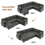 U-Shaped Sectional Sleeper Sofa With Ample Storage Space, 2 Cup Holders And Charging Ports For Living Room