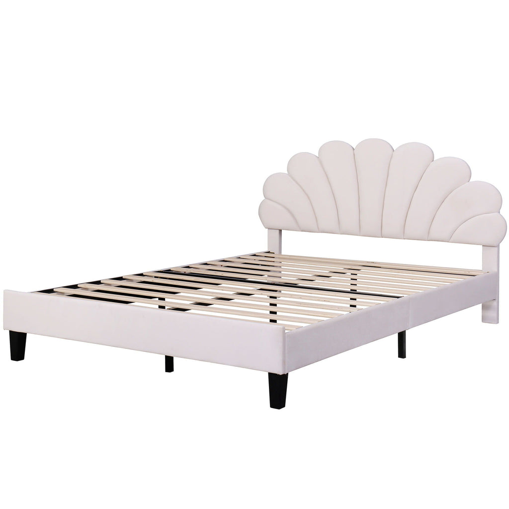 Upholstered Platform Bed With Flower Pattern Headboard