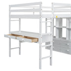 Full Size Loft Bed With Built In Desk, 2 Drawers, Storage Shelves - White
